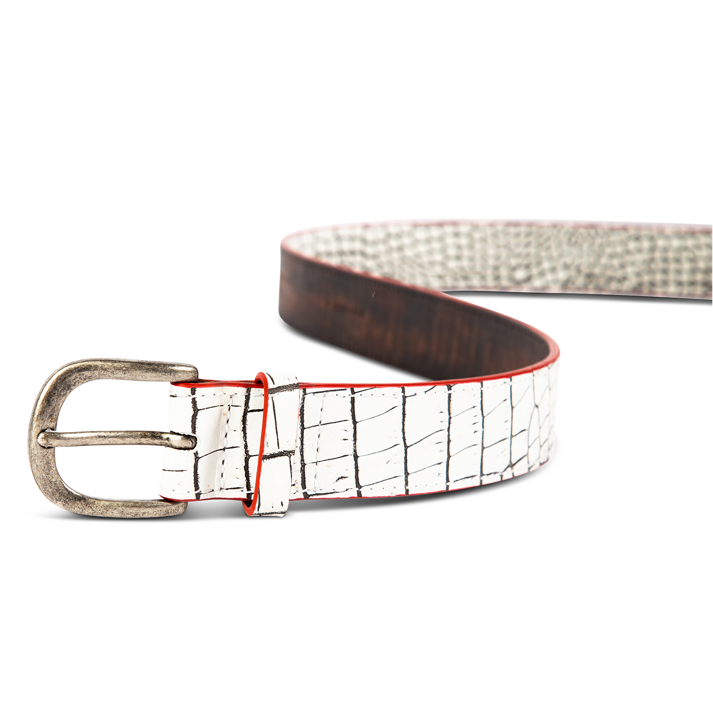 Classic white croco front view featuring silver buckle hardware on FREEBIRD full grain leather belt