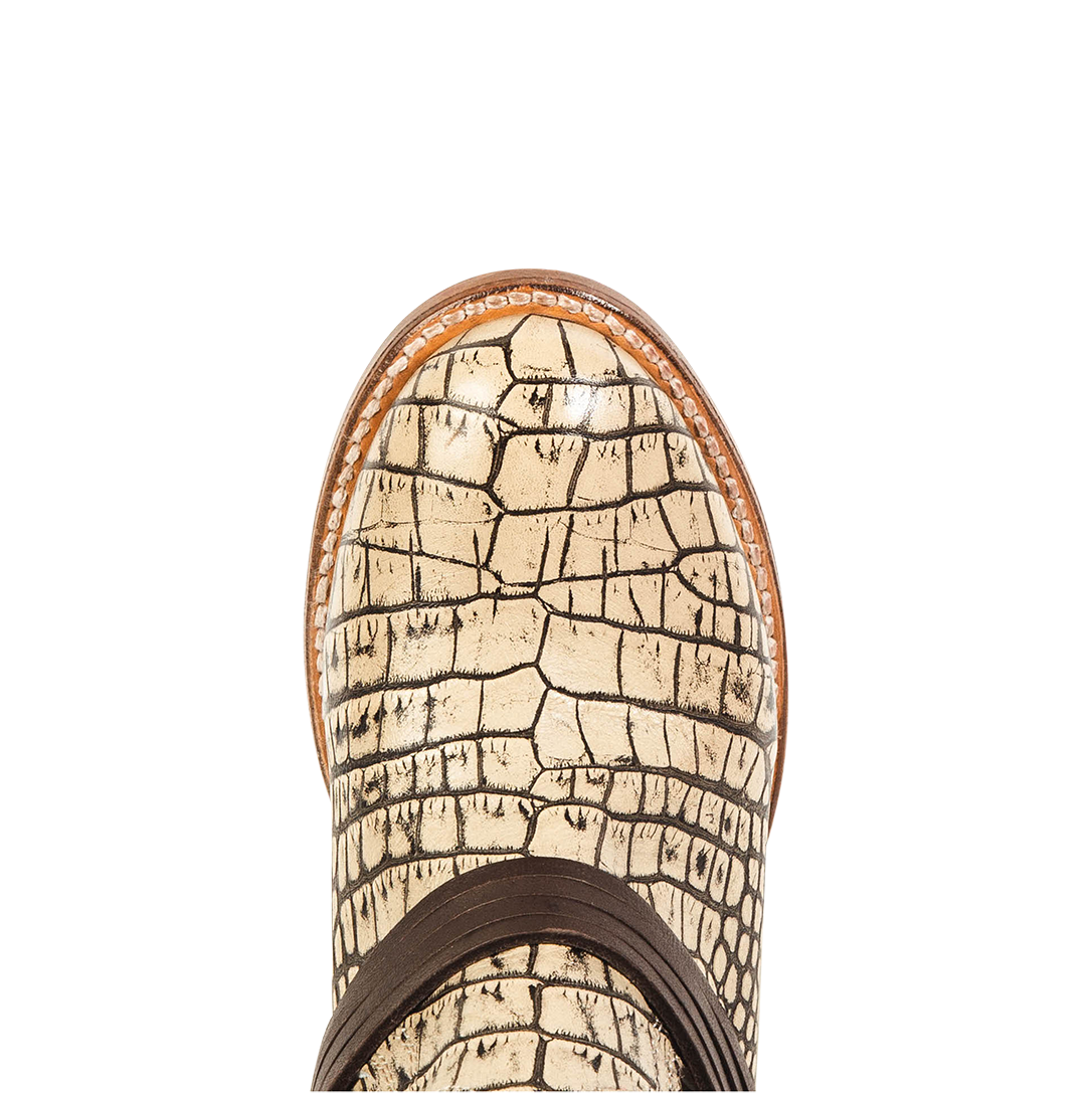 Top view showing round toe and leather ankle lacing on FREEBIRD women's Coal beige croco tall boot 