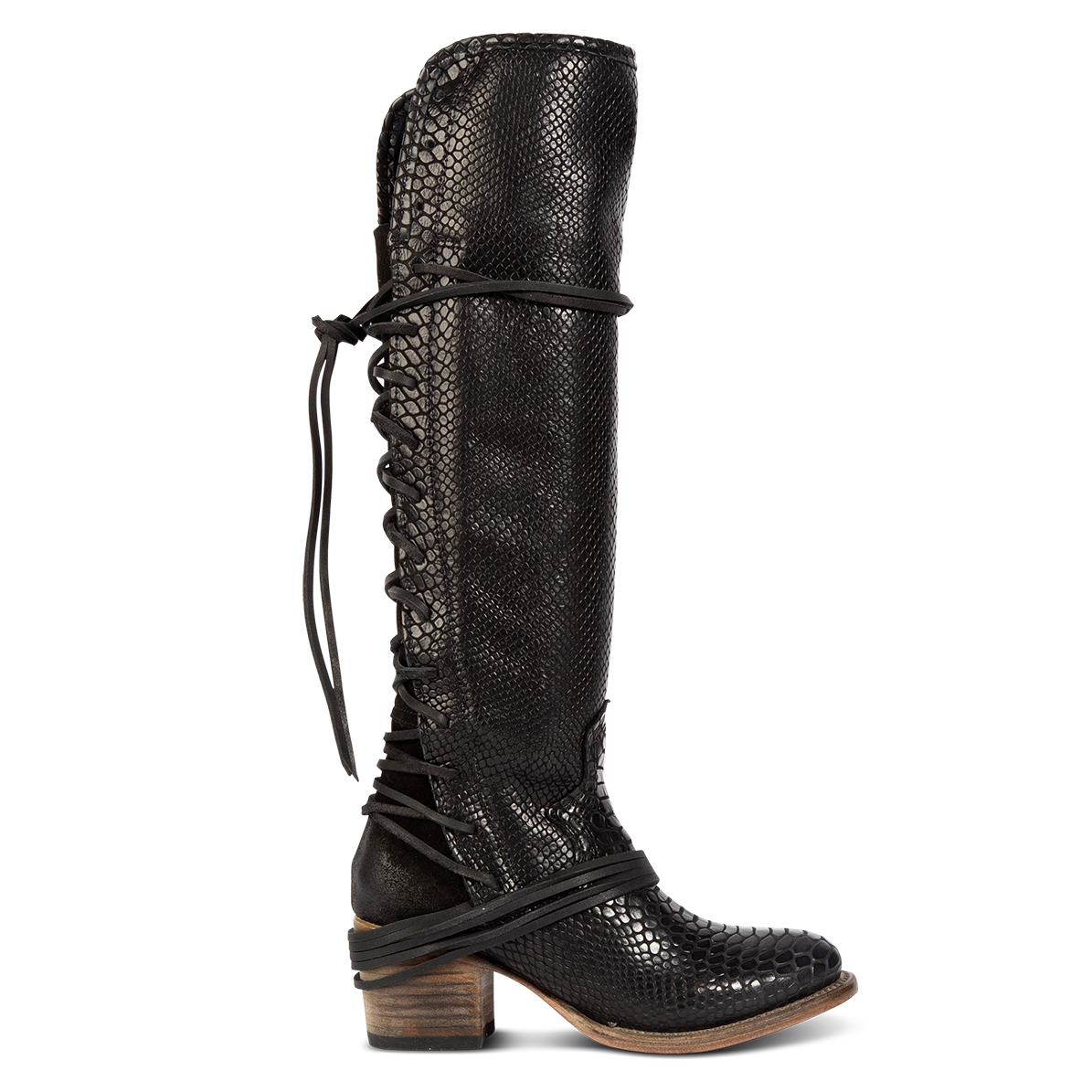 FREEBIRD women’s Coal black snake leather knee high adjustable back lacing boot