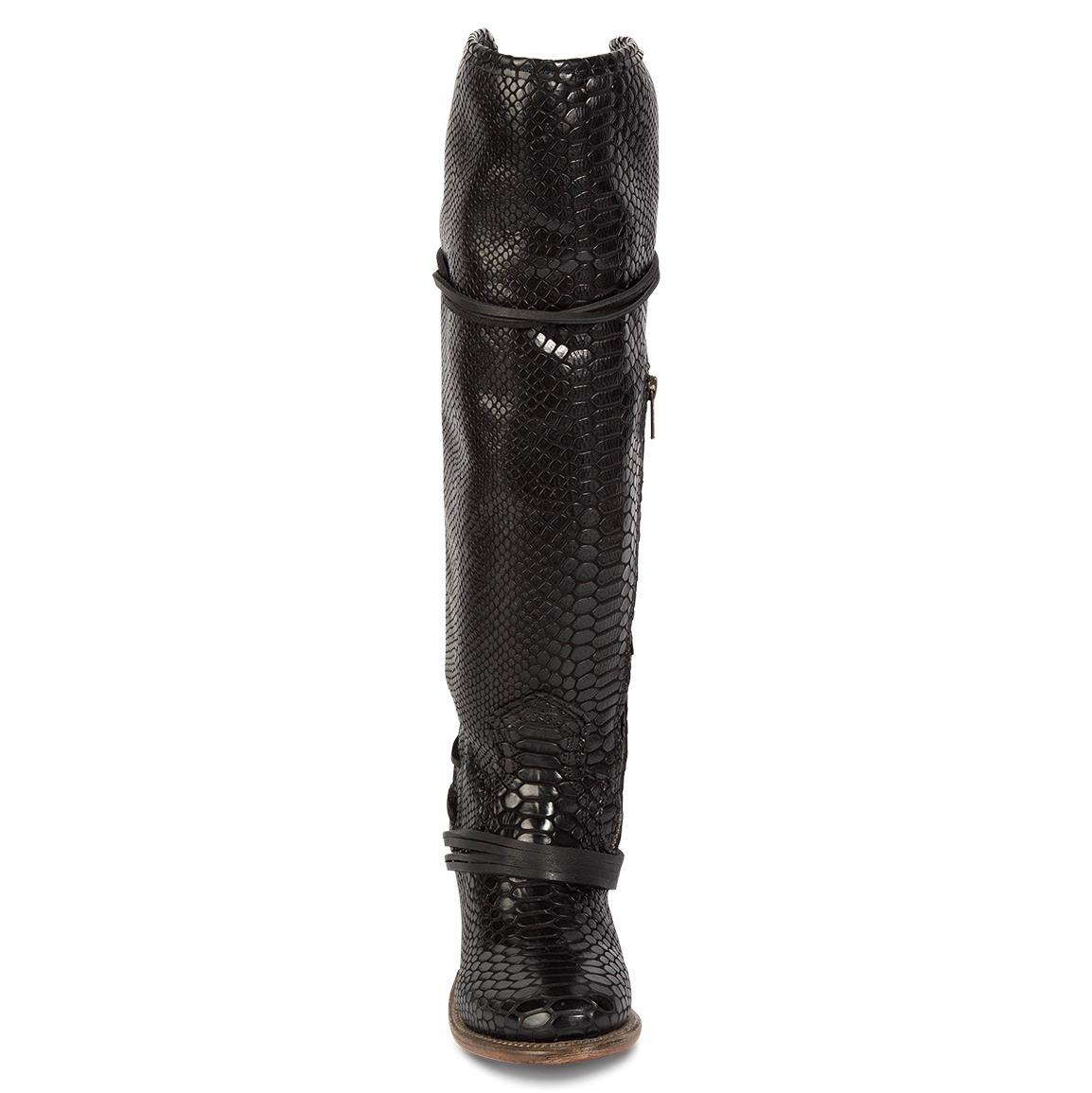 Front view showing shaft stitch detailing and wrap around lacing on FREEBIRD women's Coal black snake tall boot