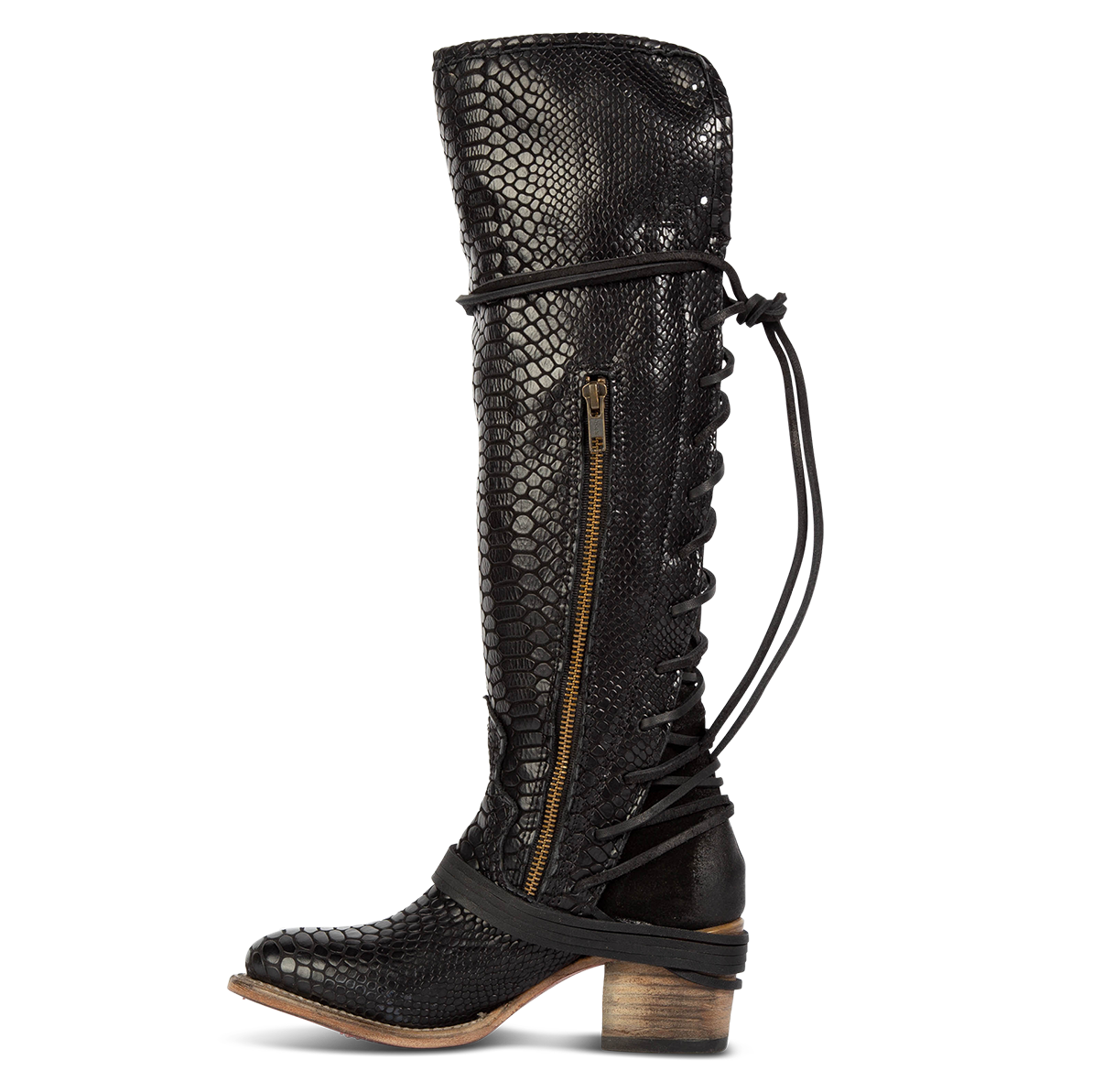 Inside view showing working brass zip closure and adjustable wrap around laces on FREEBIRD women's Coal black snake tall boot