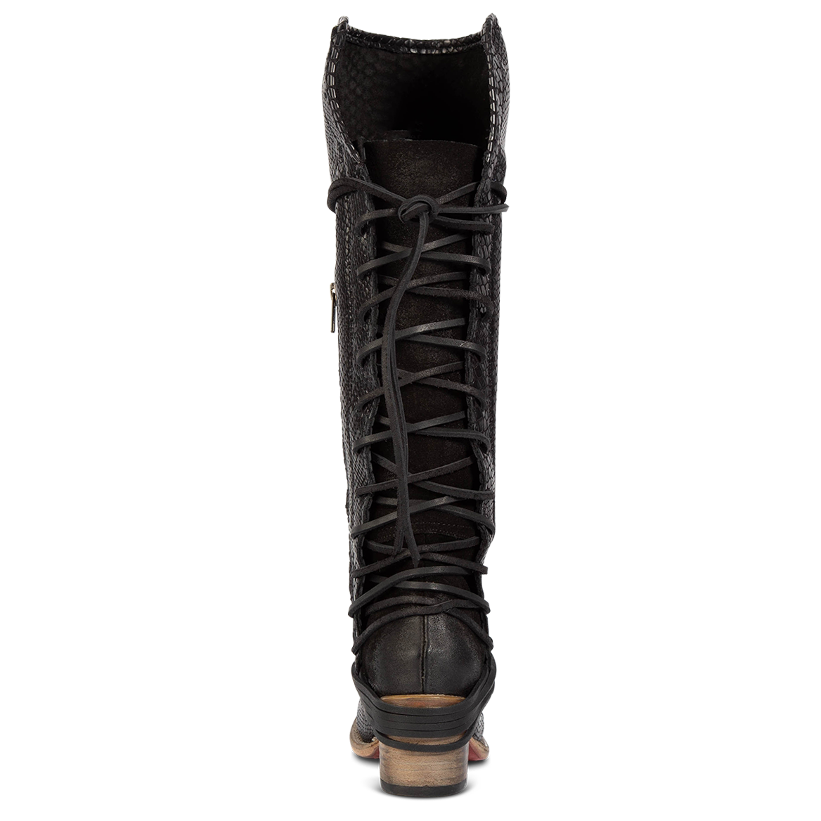 Back view showing expandable panel with adjustable leather lacing on FREEBIRD women's Coal black snake tall boot