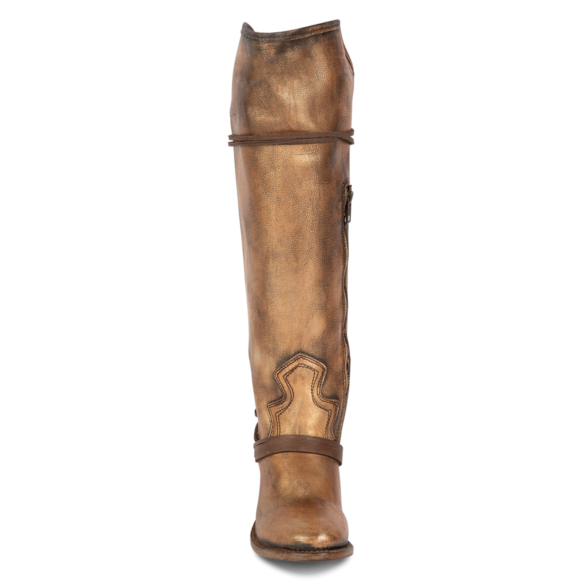 Front view showing shaft stitch detailing and wrap around lacing on FREEBIRD women's Coal bronze tall boot
