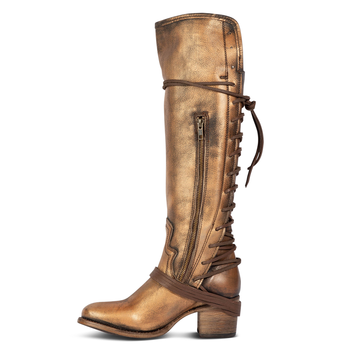 Inside view showing working brass zip closure and adjustable wrap around laces on FREEBIRD women's Coal bronze tall boot