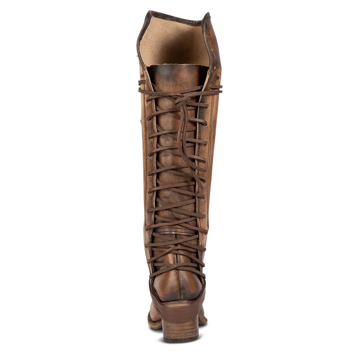 Back view showing expandable panel with adjustable leather lacing on FREEBIRD women's Coal bronze tall boot