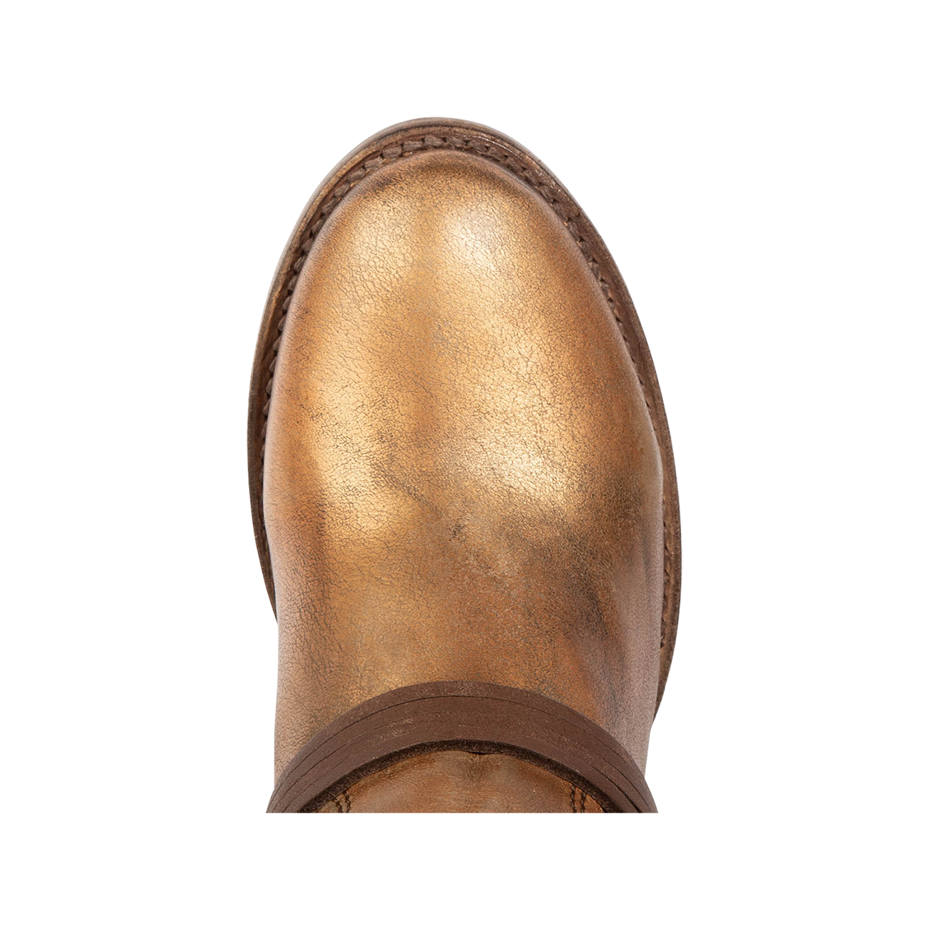 Top view showing round toe and leather ankle lacing on FREEBIRD women's Coal bronze tall boot