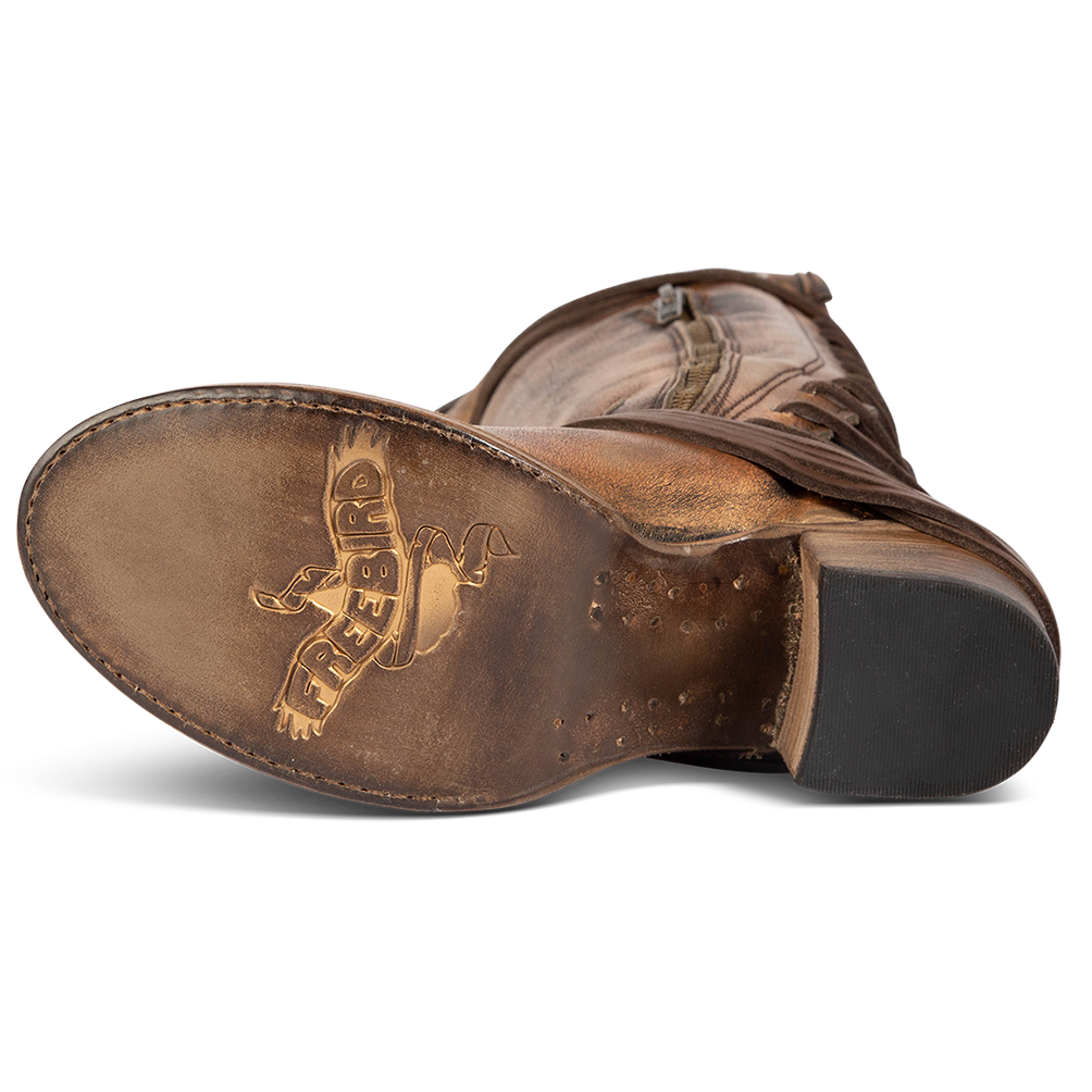 Leather sole imprinted with FREEBIRD on women's Coal bronze back lacing tall boot