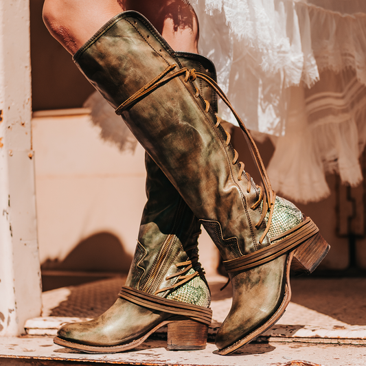 FREEBIRD women’s Coal green snake multi knee high adjustable back lacing boot