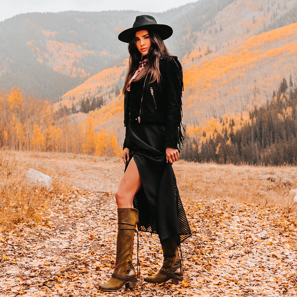 REEBIRD women’s Coal olive suede leather knee high adjustable back lacing boot lifestyle