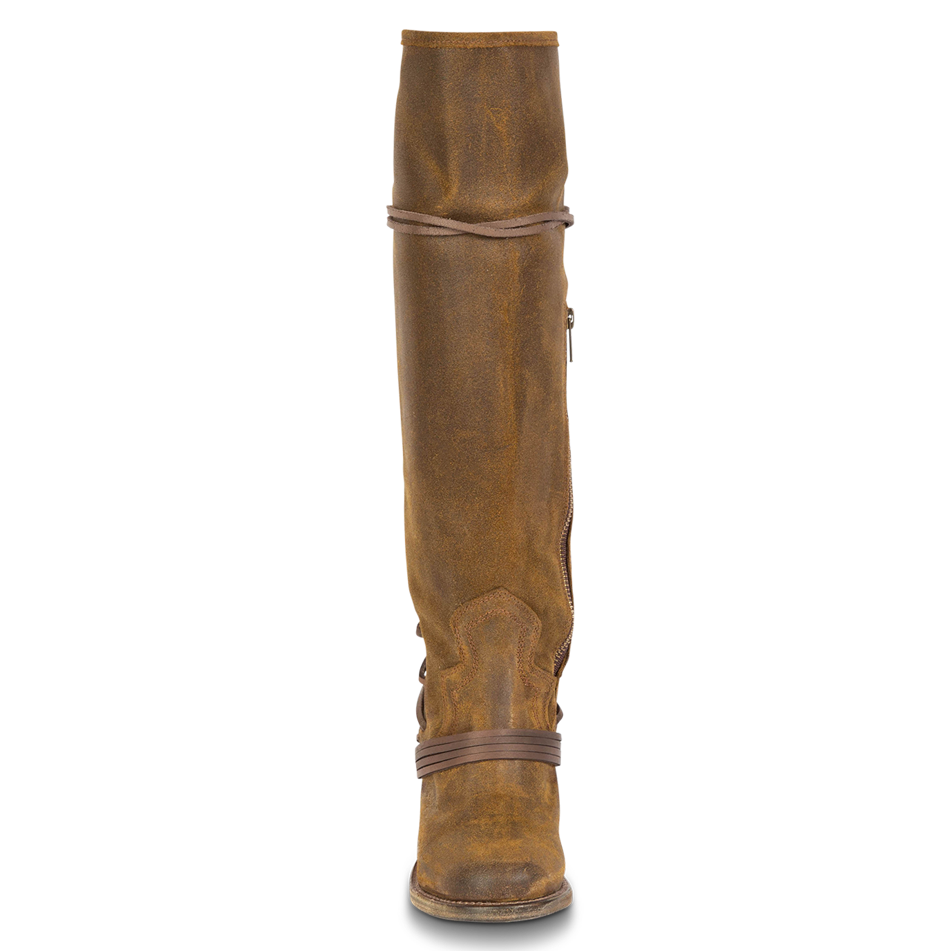 Front view showing shaft stitch detailing and wrap around lacing on FREEBIRD women's Coal olive suede tall boot