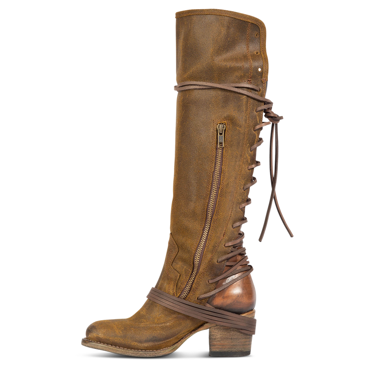 Inside view showing working brass zip closure and adjustable wrap around laces on FREEBIRD women's Coal olive suede tall boot