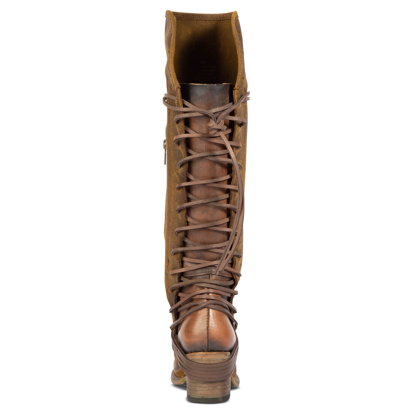 Back view showing expandable panel with adjustable leather lacing on FREEBIRD women's Coal olive suede tall boot