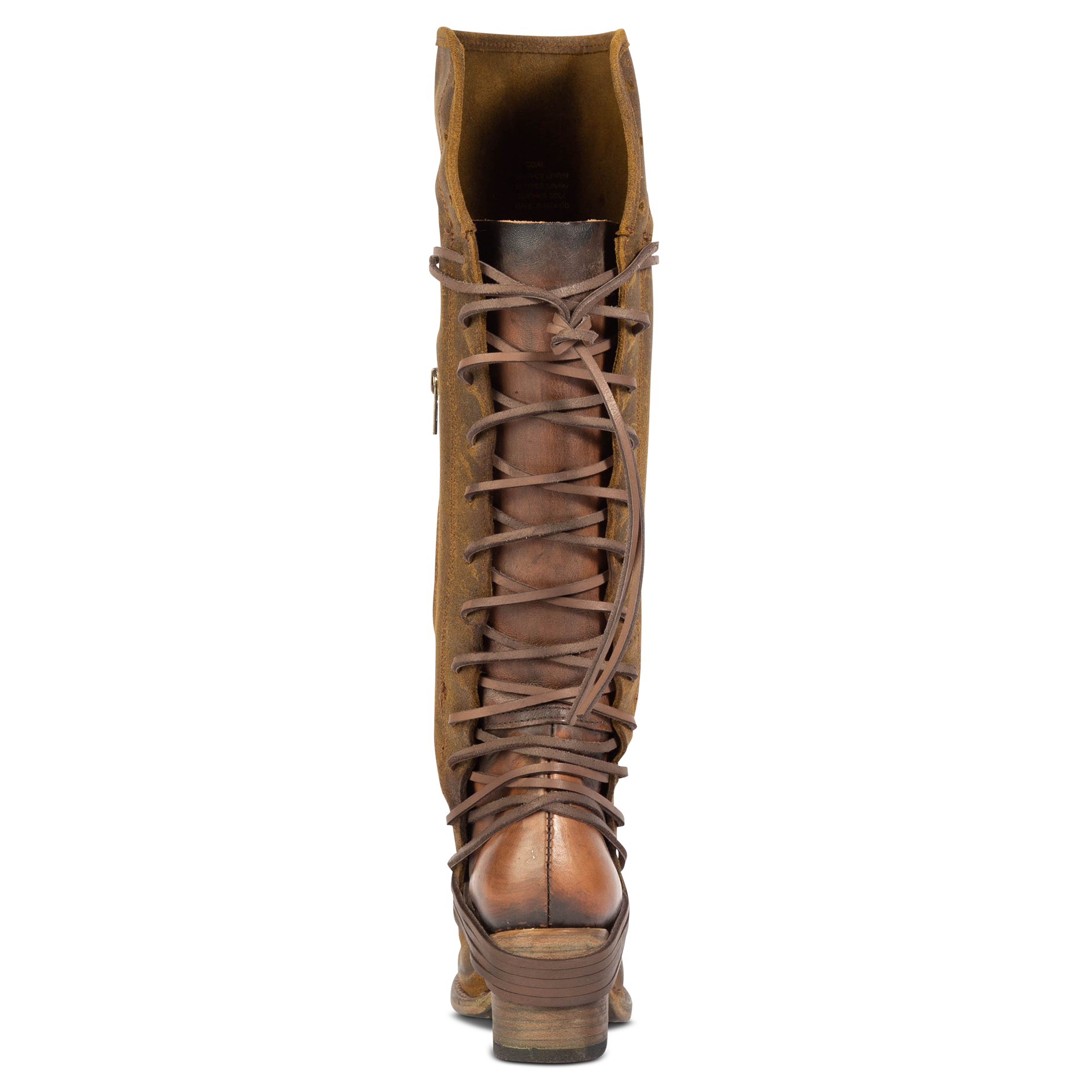 Back view showing expandable panel with adjustable leather lacing on FREEBIRD women's Coal olive suede tall boot