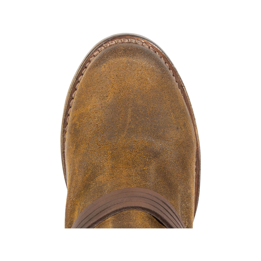 Top view showing round toe and leather ankle lacing on FREEBIRD women's Coal olive suede tall boot