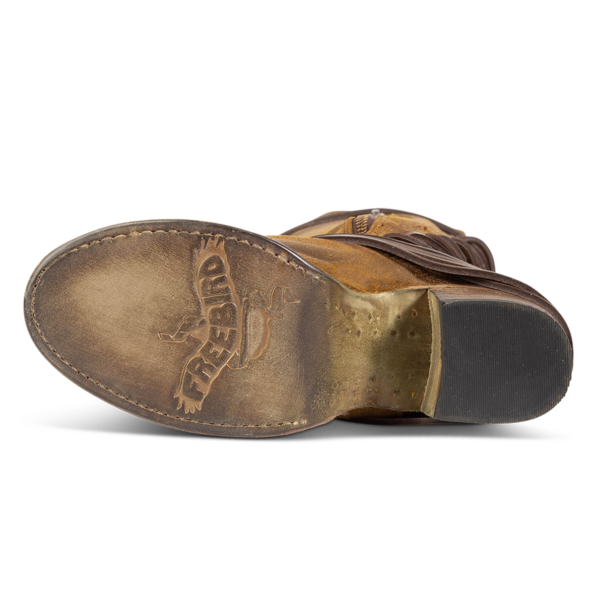 Leather sole imprinted with FREEBIRD on women's Coal olive suede tall boot