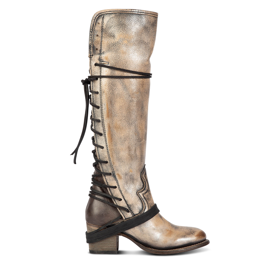 FREEBIRD women’s Coal pewter leather knee high adjustable back lacing boot