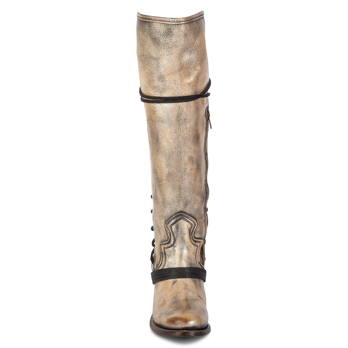 Front view showing shaft stitch detailing and wrap around lacing on FREEBIRD women's Coal pewter tall boot