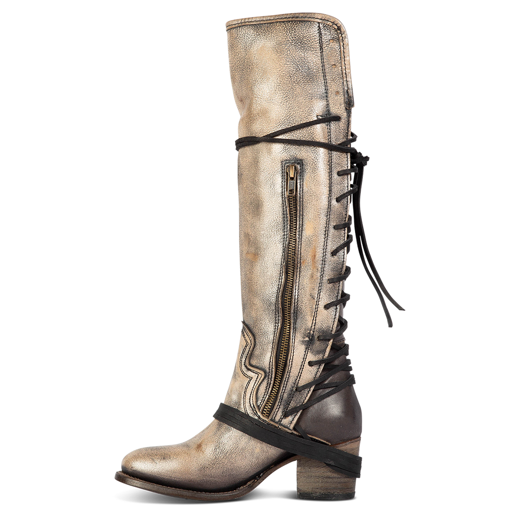 Inside view showing working brass zip closure and adjustable wrap around laces on FREEBIRD women's Coal pewter tall boot