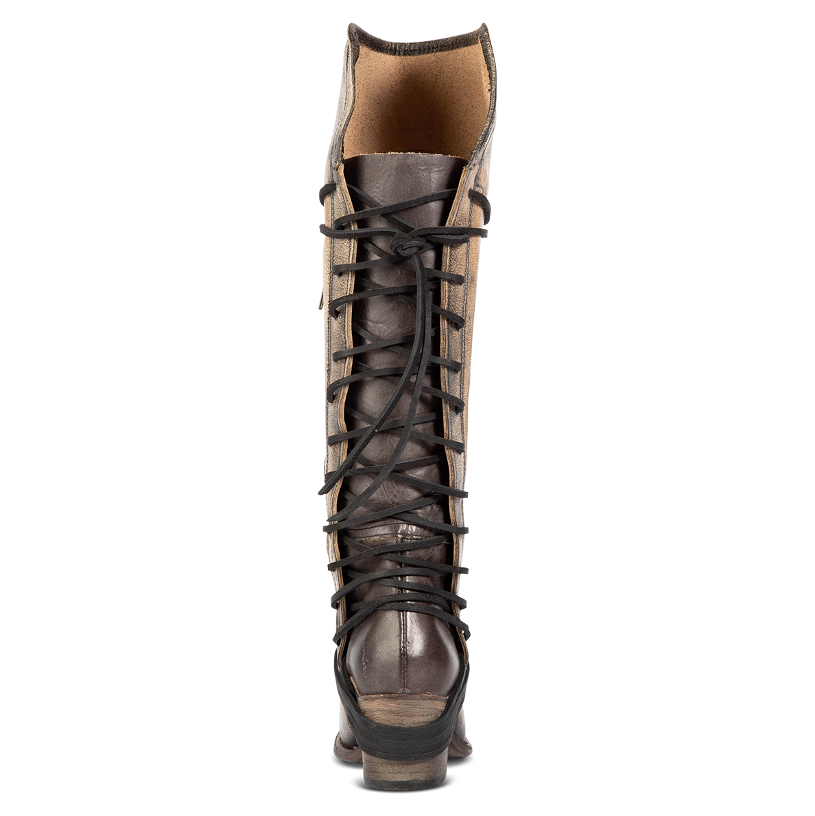 Back view showing expandable panel with adjustable leather lacing on FREEBIRD women's Coal pewter tall boot
