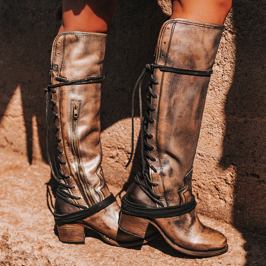 FREEBIRD women’s Coal pewter leather knee high adjustable back lacing boot