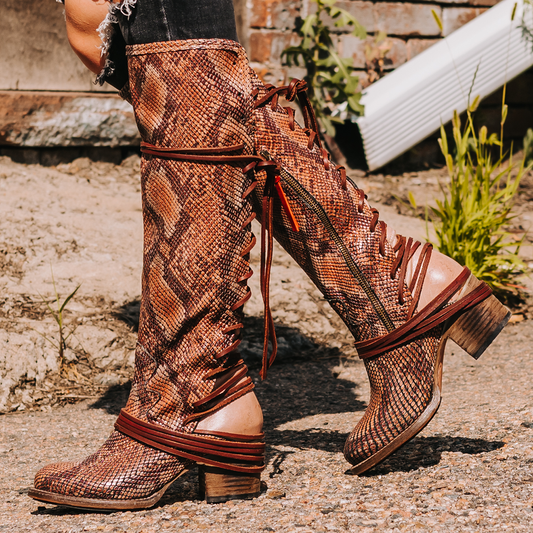 FREEBIRD women’s Coal pink multi snake leather knee high adjustable back lacing boot