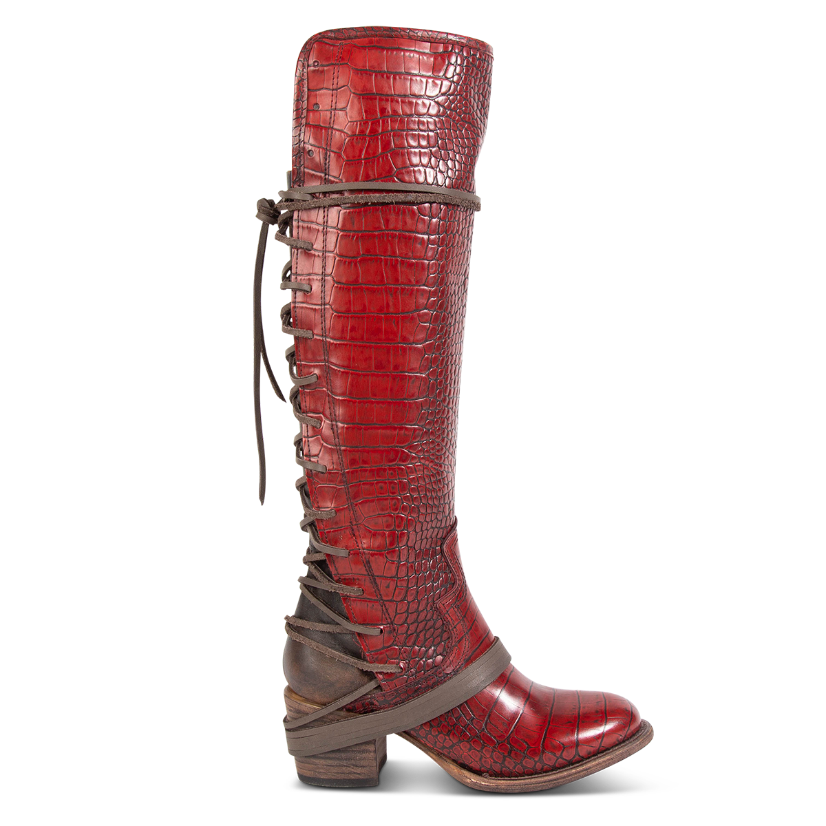 FREEBIRD women’s Coal red croco embossed leather knee high adjustable back lacing boot