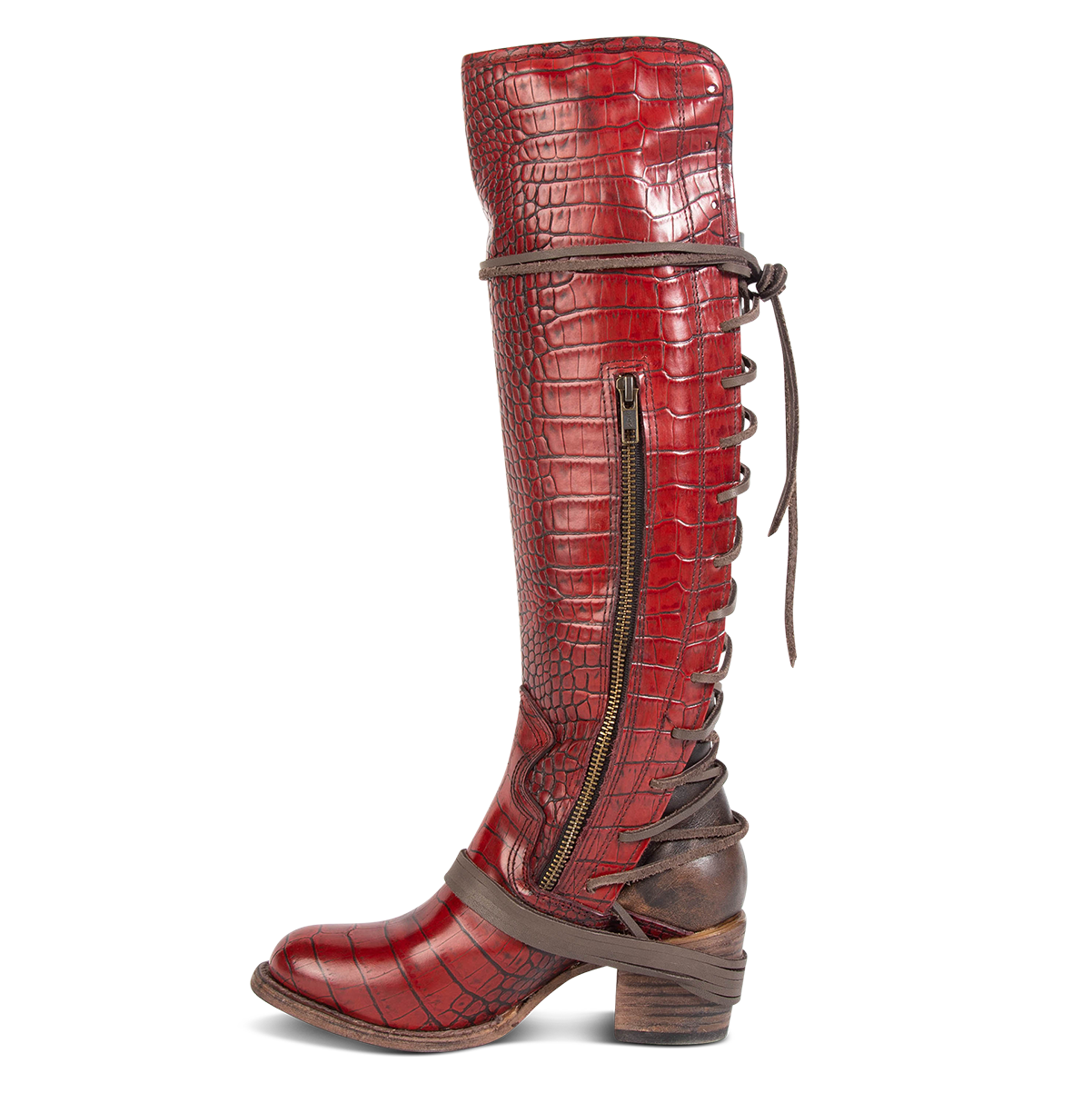 Inside view showing working brass zip closure and adjustable wrap around laces on FREEBIRD women's Coal red croco tall boot