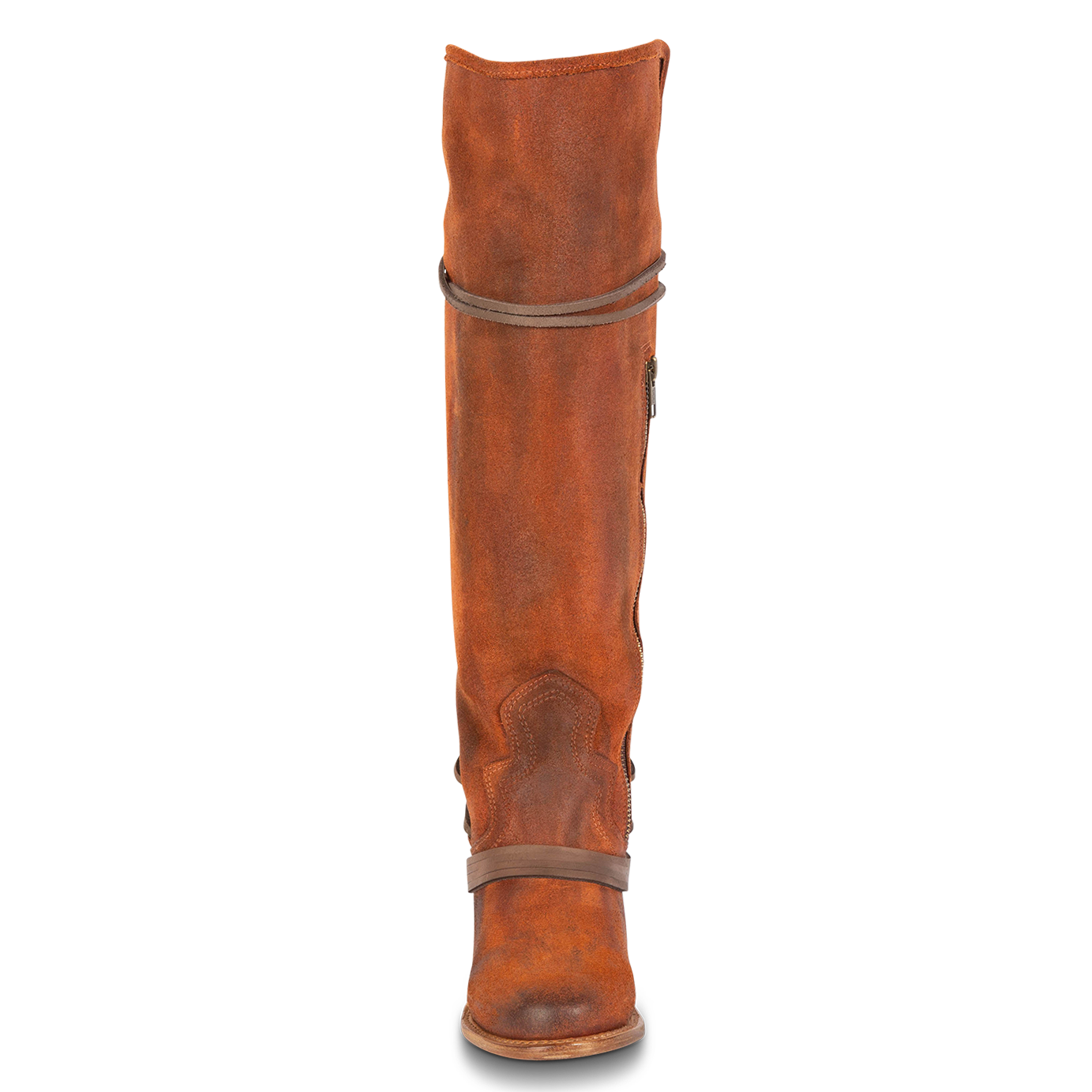 Front view showing shaft stitch detailing and wrap around lacing on FREEBIRD women's Coal rust suede tall boot