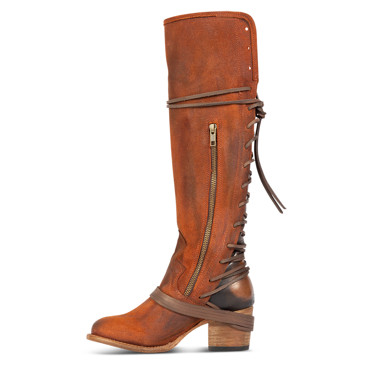 Inside view showing working brass zip closure and adjustable wrap around laces on FREEBIRD women's Coal rust suede tall boot