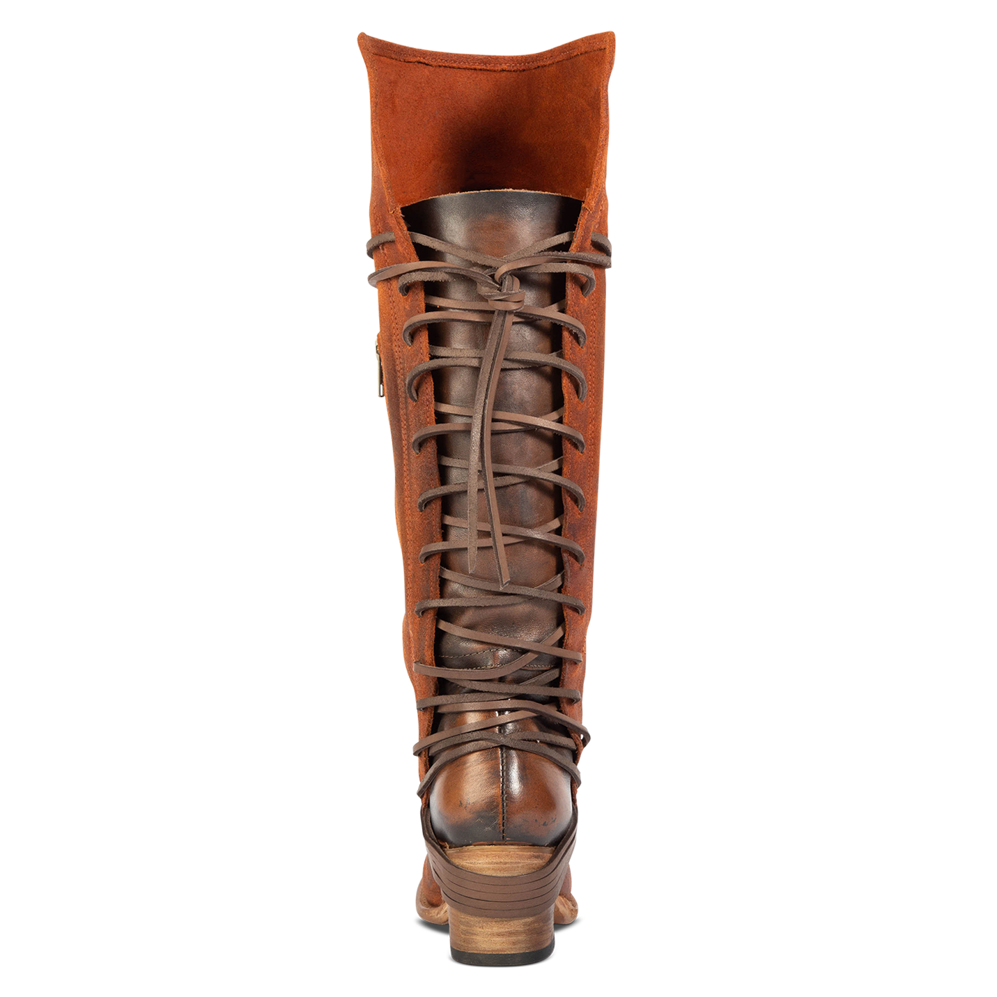 Back view showing expandable panel with adjustable leather lacing on FREEBIRD women's Coal rust suede tall boot