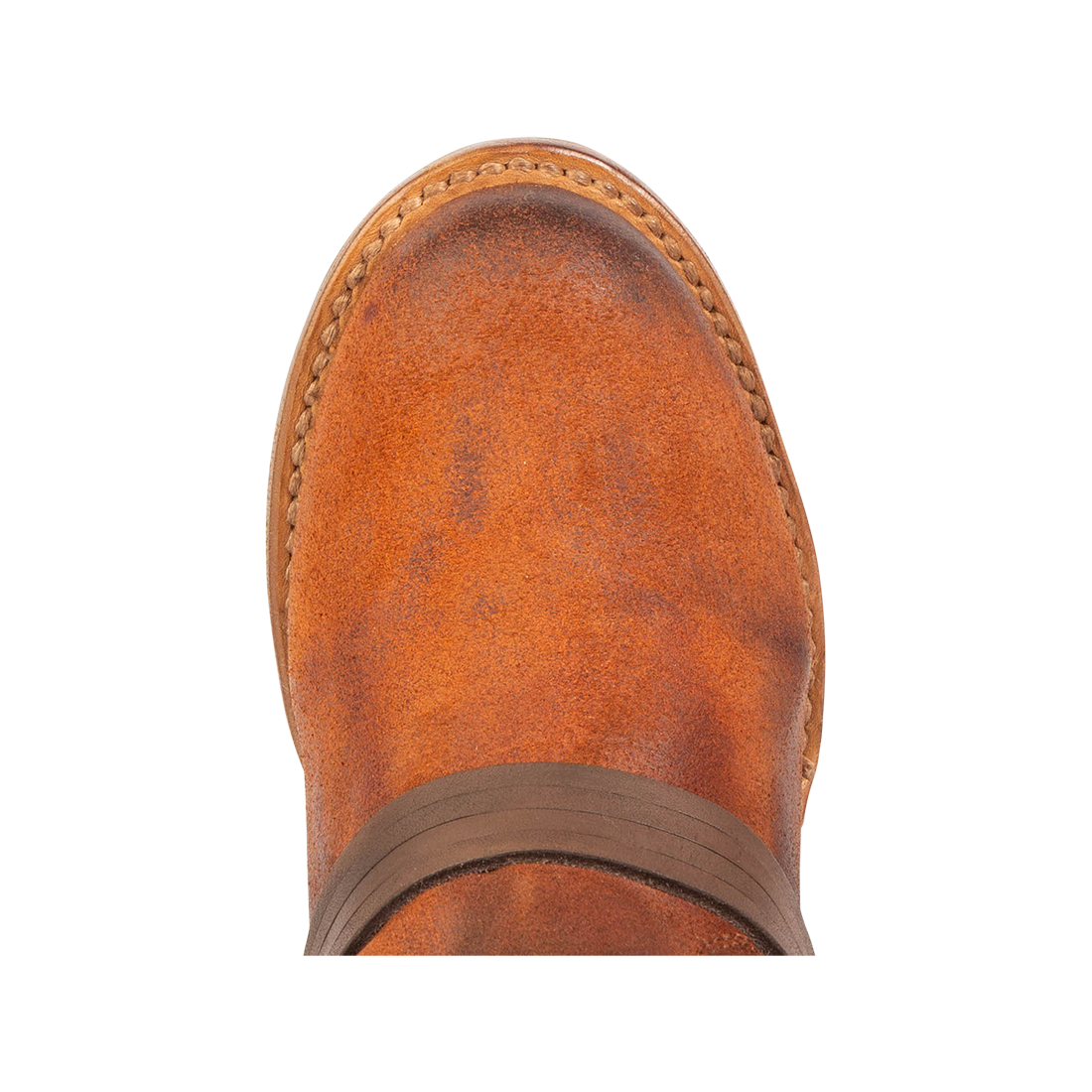 Top view showing round toe and leather ankle lacing on FREEBIRD women's Coal rust suede tall boot
