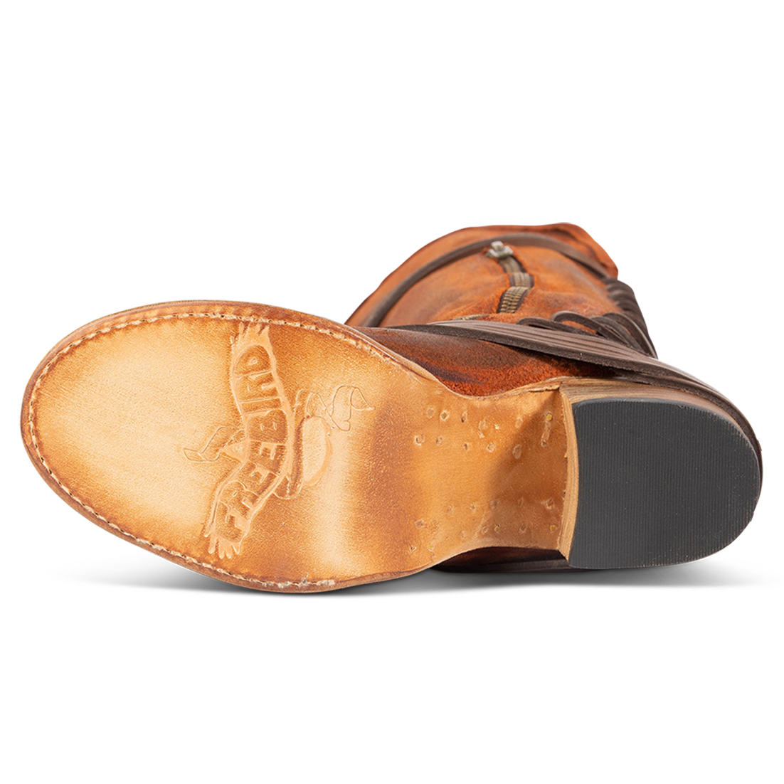 Leather sole imprinted with FREEBIRD on women's Coal rust suede tall boot