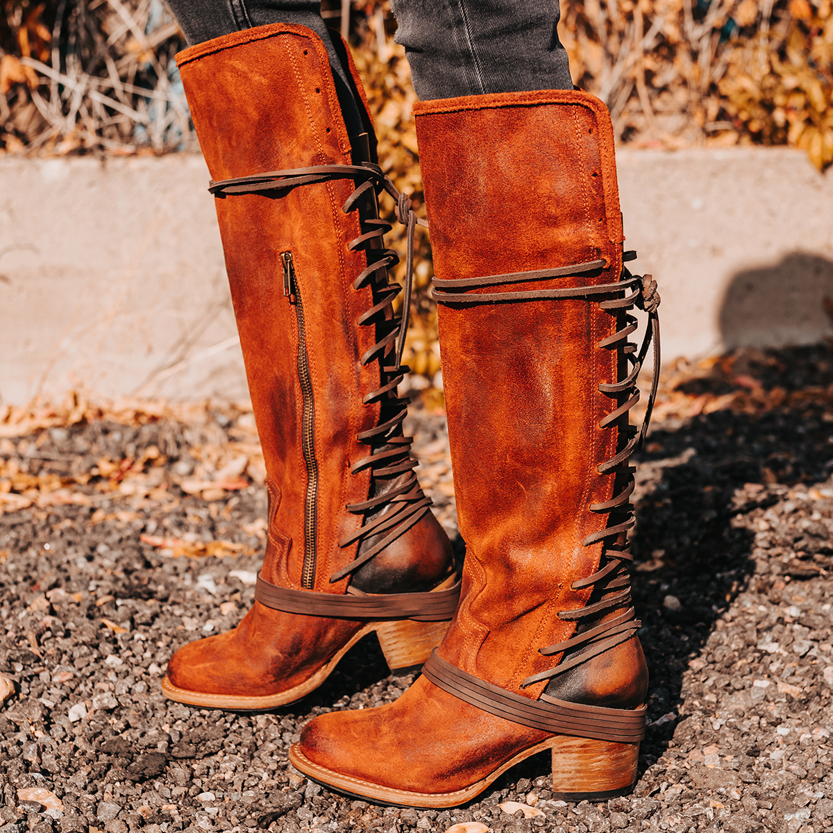 FREEBIRD women’s Coal rust suede knee high adjustable back lacing boot