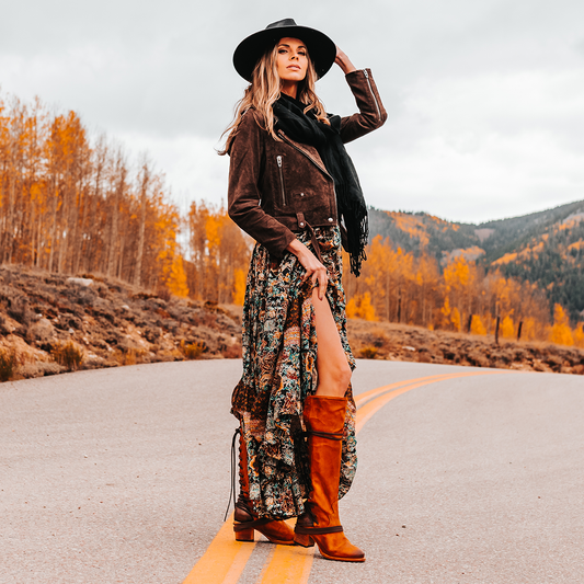 FREEBIRD women’s Coal tan suede knee high adjustable back lacing boot lifestyle