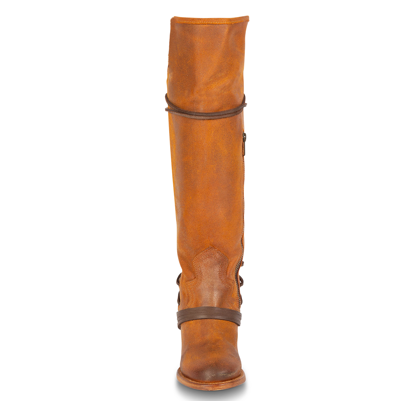 Front view showing shaft stitch detailing and wrap around lacing on FREEBIRD women's Coal tan suede tall boot