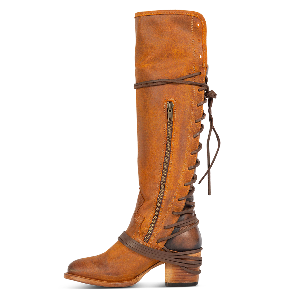 Inside view showing working brass zip closure and adjustable wrap around laces on FREEBIRD women's Coal tan suede tall boot
