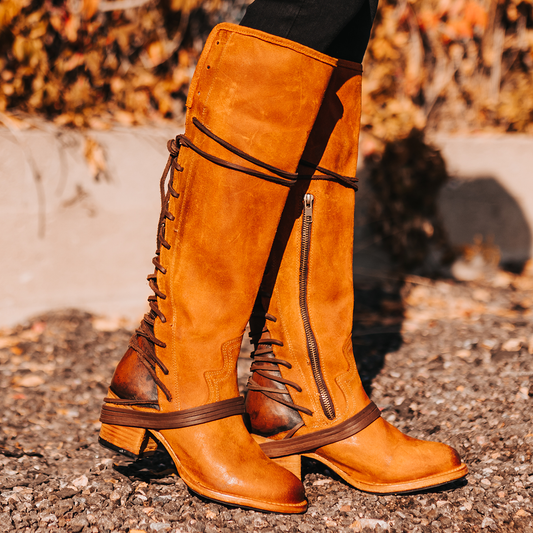 FREEBIRD women’s Coal tan suede knee high adjustable back lacing boot