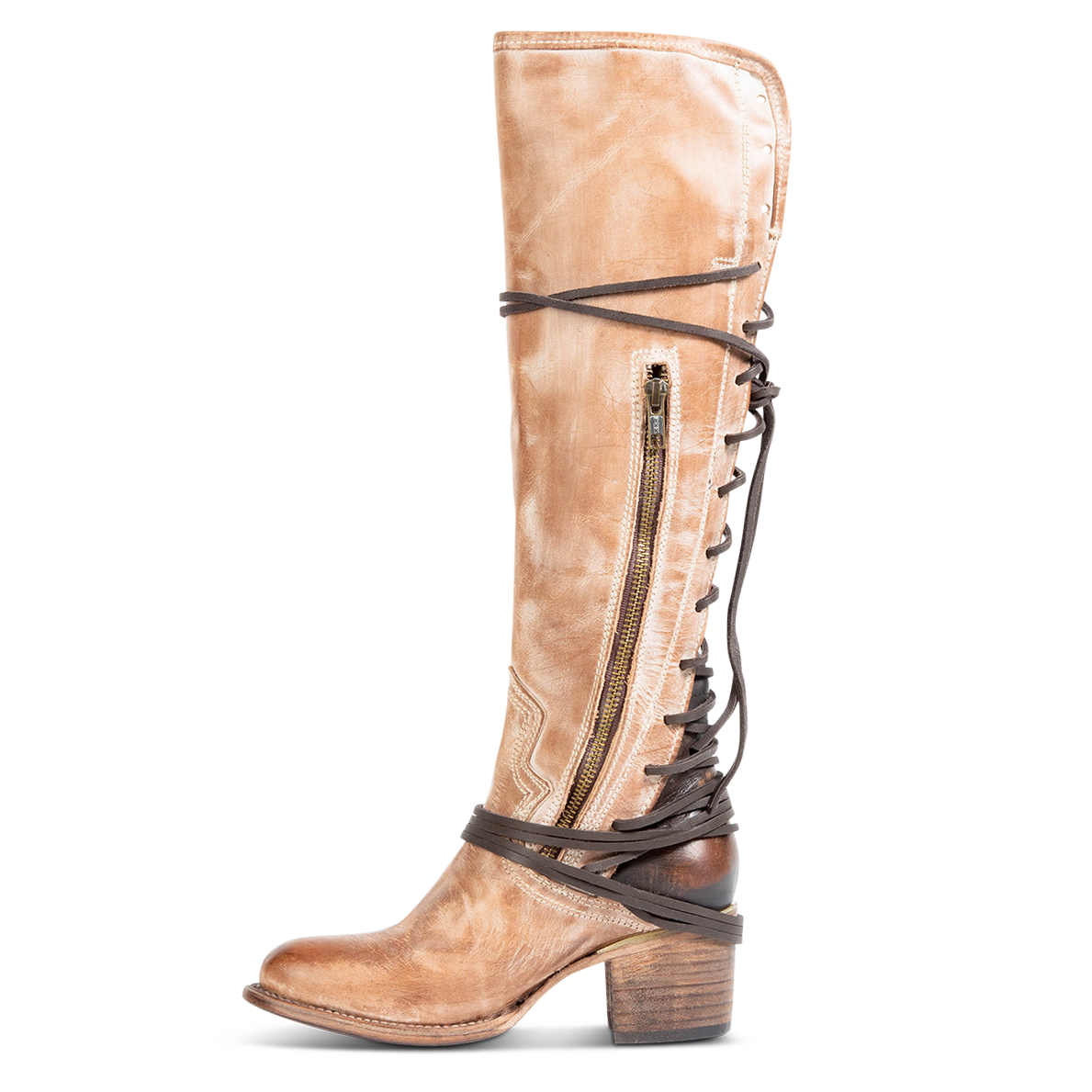 Inside view showing working brass zip closure and adjustable wrap around laces on FREEBIRD by Steven women's Coal taupe tall boot