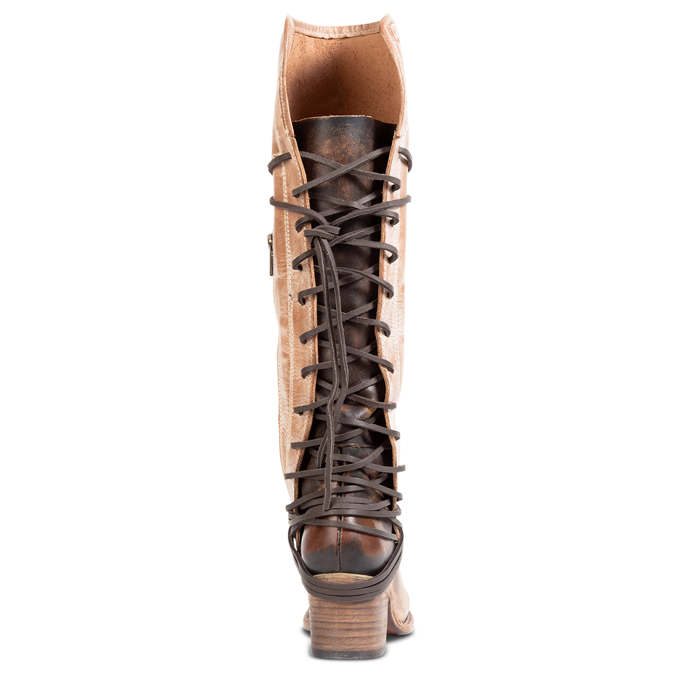 Back view showing expandable panel with adjustable leather lacing on FREEBIRD by Steven women's Coal taupe tall boot