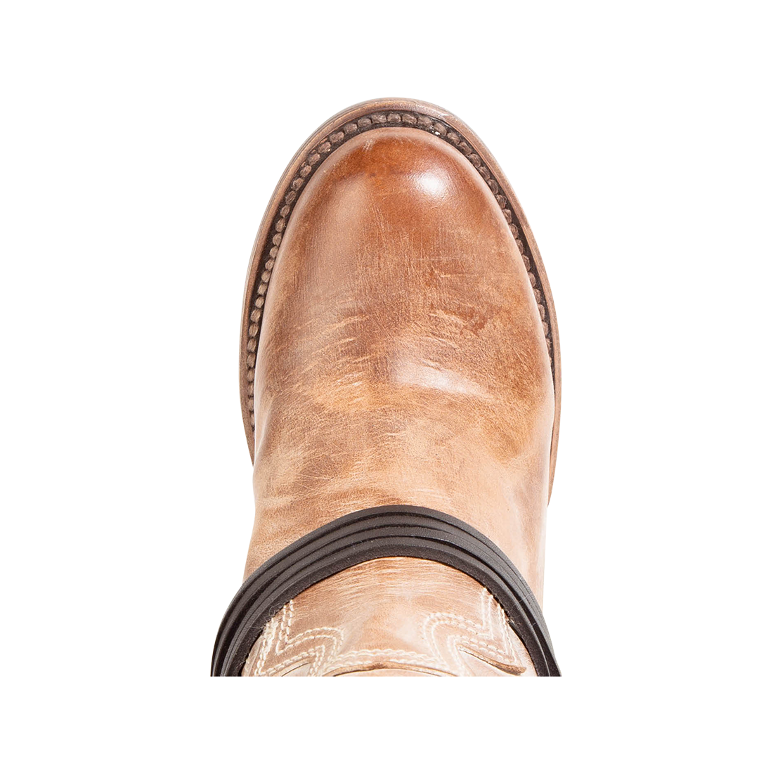 Top view showing round toe and leather ankle lacing on FREEBIRD by Steven women's Coal taupe tall boot