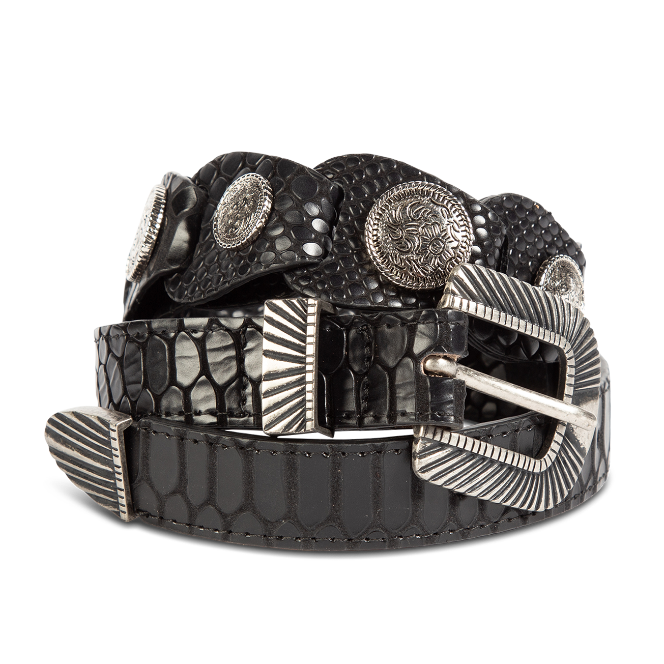 FREEBIRD Coin black snake full grain leather belt featuring rustic hardware and coin detailing