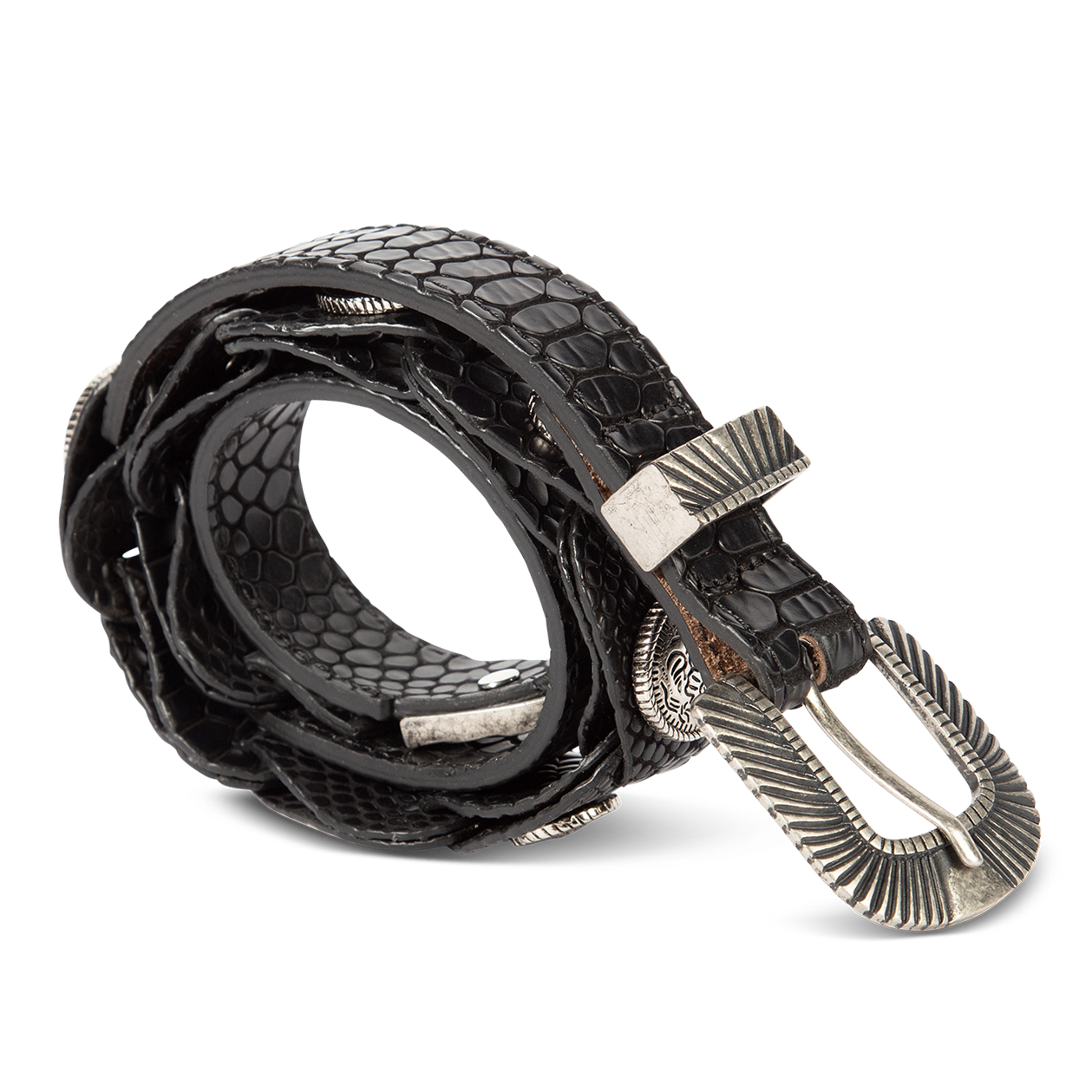 Coin black snake side view featuring full grain leather and rustic hardware and coin detailing on FREEBIRD full grain leather belt