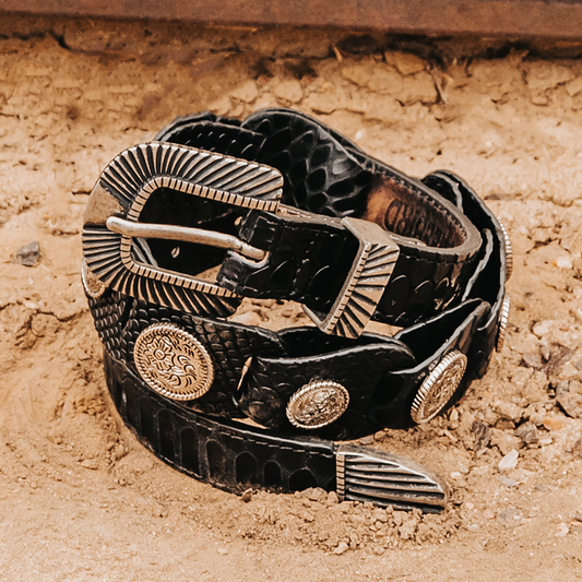 FREEBIRD Coin black snake full grain leather belt featuring rustic hardware and coin detailing