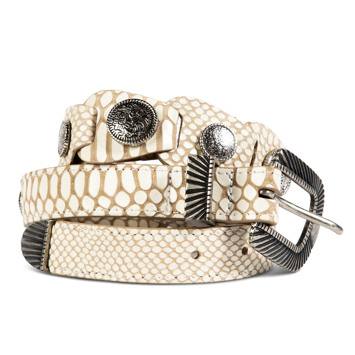 FREEBIRD Coin white snake full grain leather belt featuring rustic hardware and coin detailing