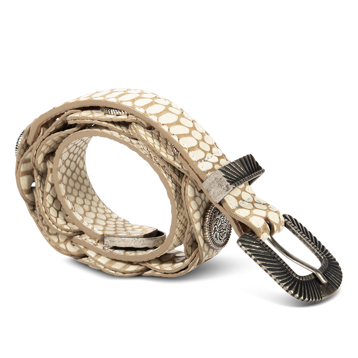 Coin white snake side view featuring full grain leather and rustic hardware and coin detailing on FREEBIRD full grain leather belt