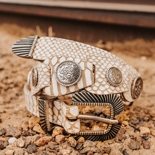 FREEBIRD Coin white snake full grain leather belt featuring rustic hardware and coin detailing