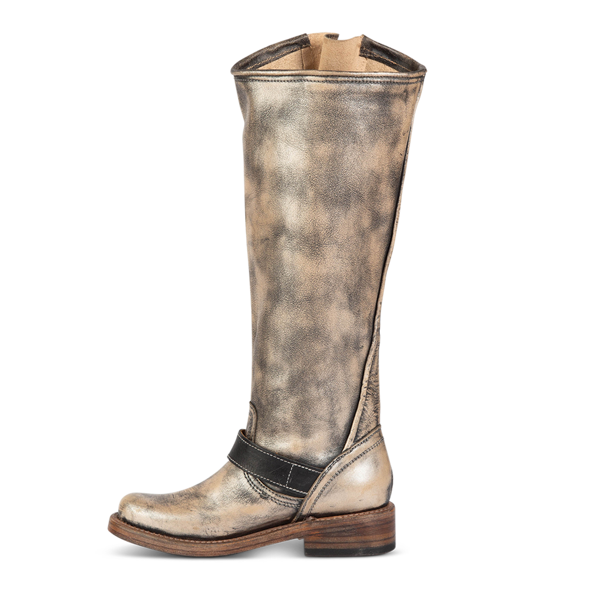 Inside view showing full-grain leather and low heel on FREEBIRD women's Contra pewter boot