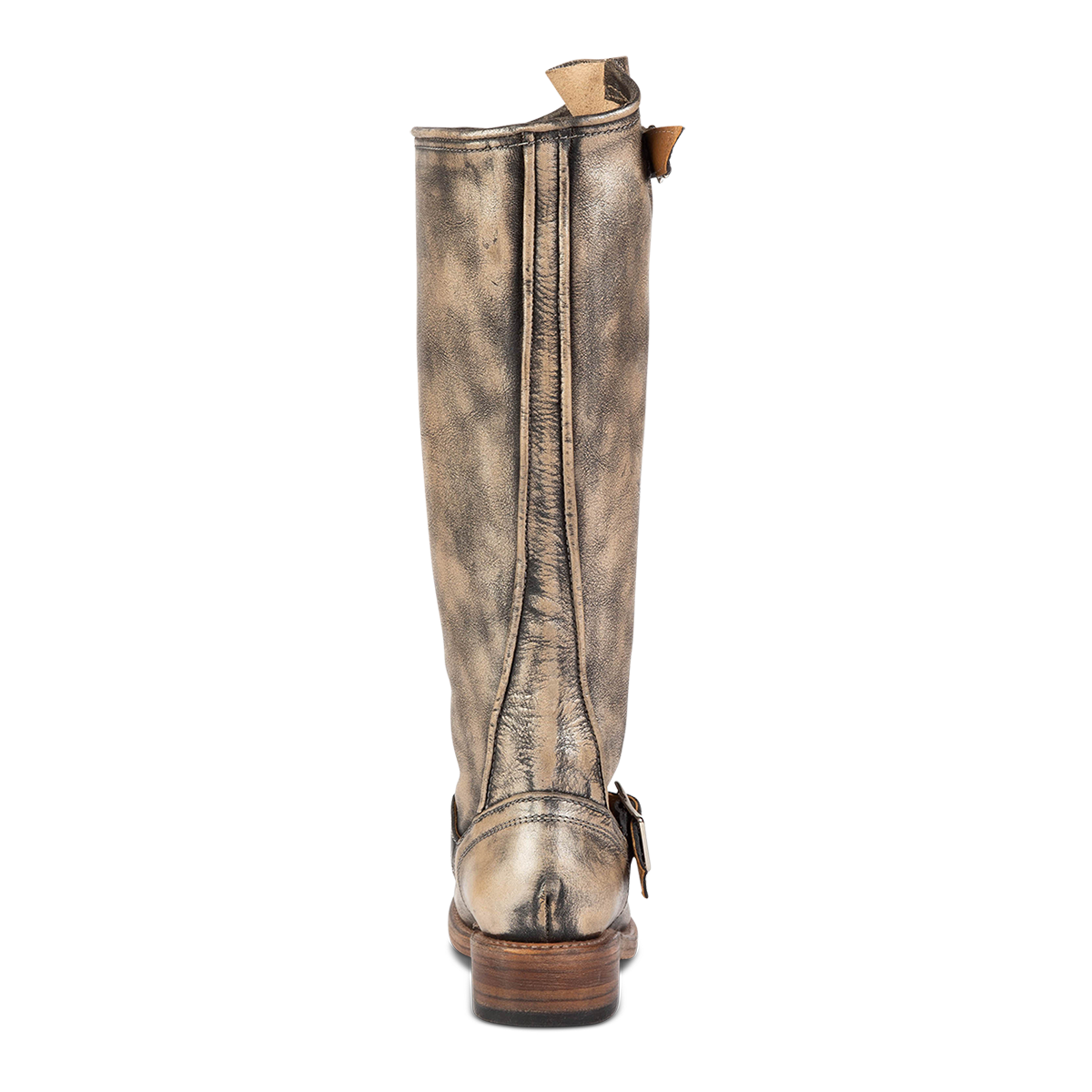 Back view showing low heel and adjustable buckle straps on FREEBIRD women's Contra pewter boot