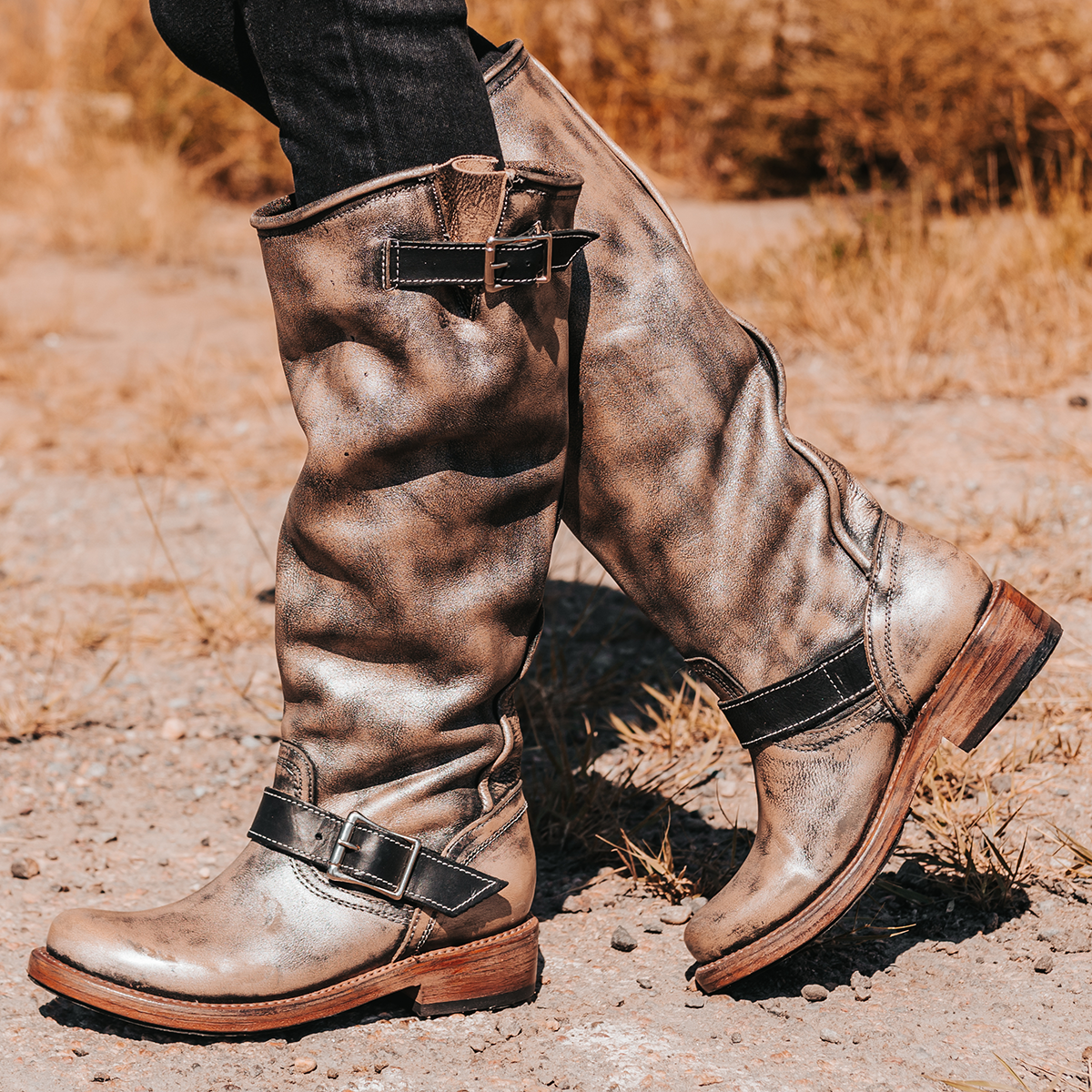 FREEBIRD women's Contra pewter featuring adjustable buckle straps, hidden pocket and round toe