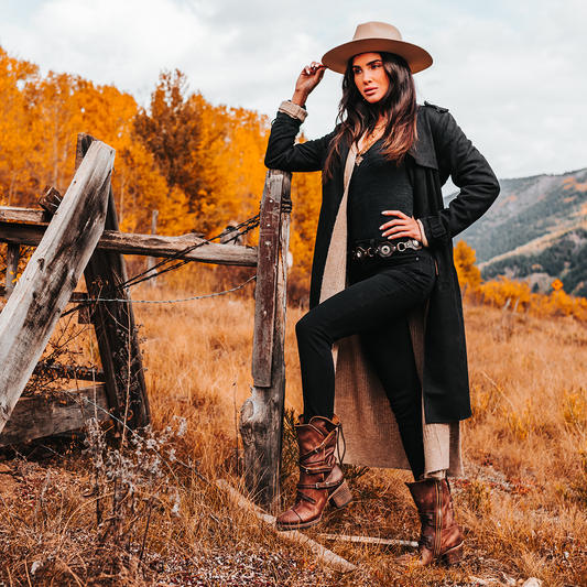 FREEBIRD women’s Cora brown slouchy back lacing leather boot with adjustable straps and buckles lifestyle
